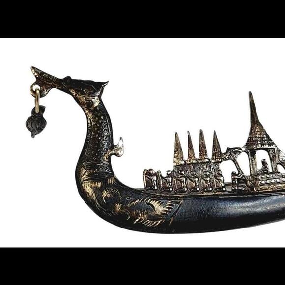 1930s Vintage Sterling Silver Siam Royal Dragon Boat Pin/Brooch - Picture 2 of 5